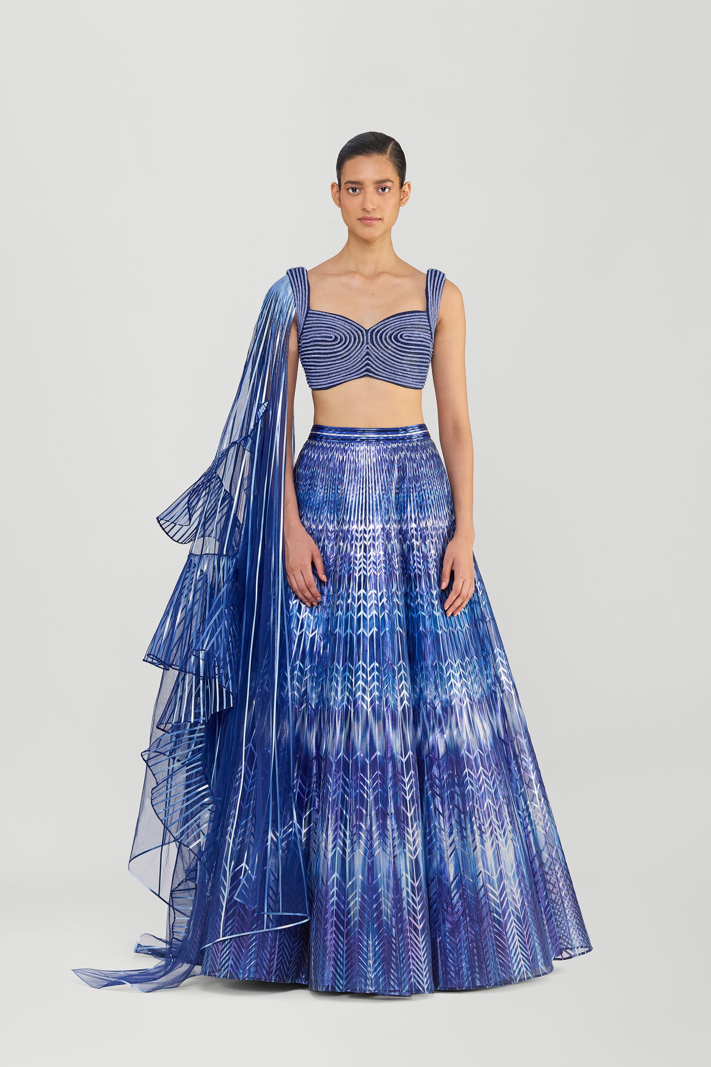 Metallic Fluted Tulle Printed Skirt With Ruffle Drape And Structured Crystalvein Top