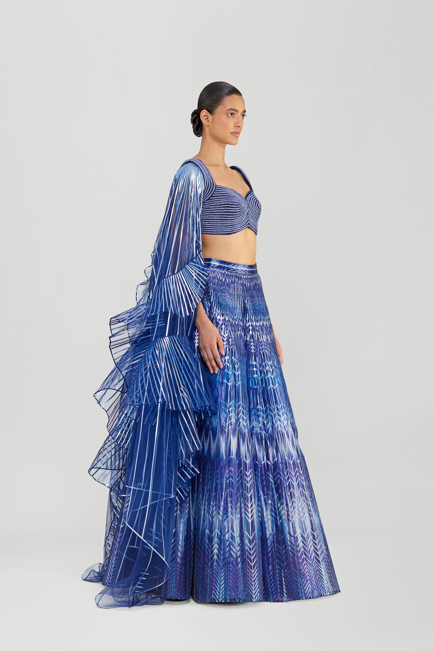 Metallic Fluted Tulle Printed Skirt With Ruffle Drape And Structured Crystalvein Top