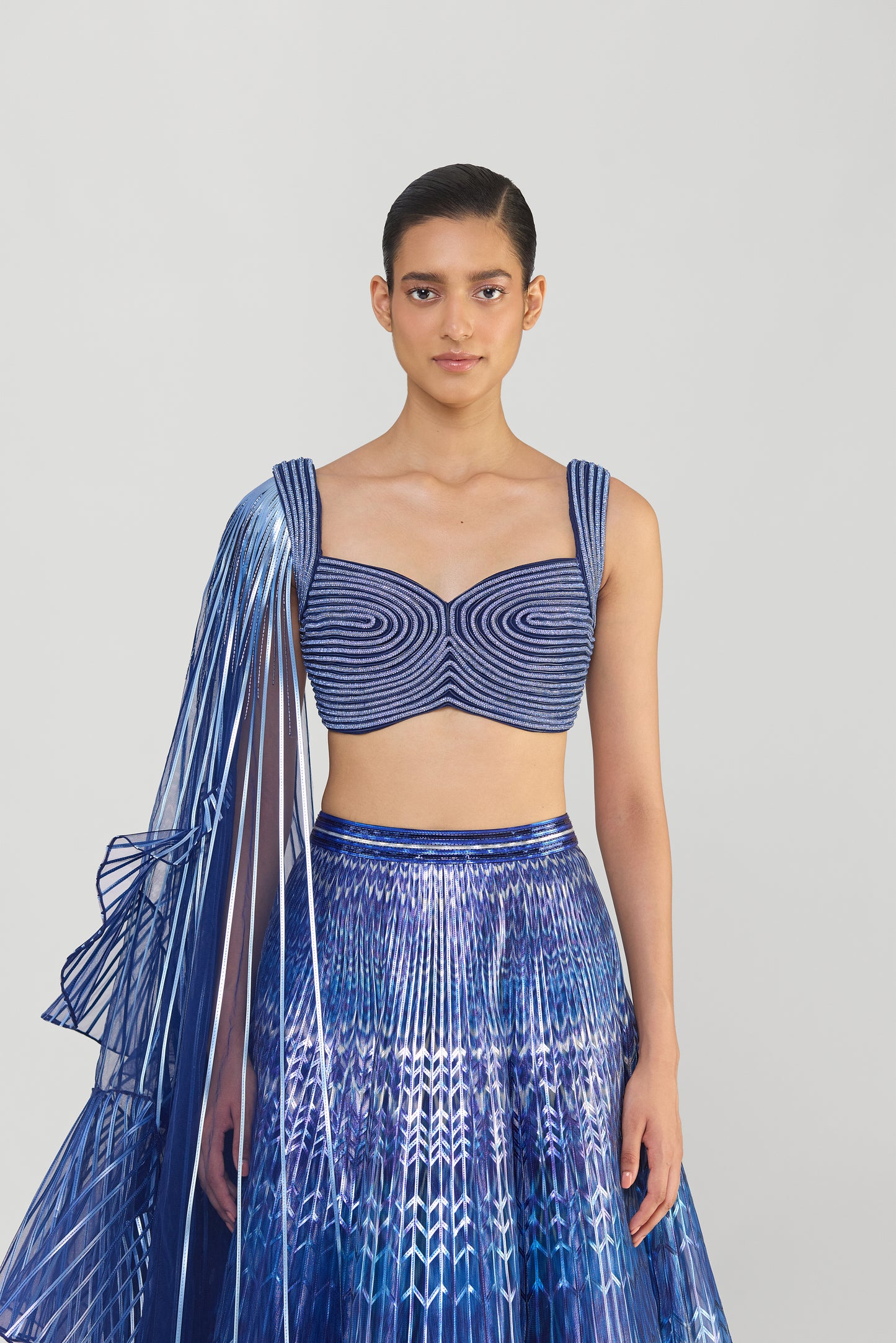 Metallic Fluted Tulle Printed Skirt With Ruffle Drape And Structured Crystalvein Top