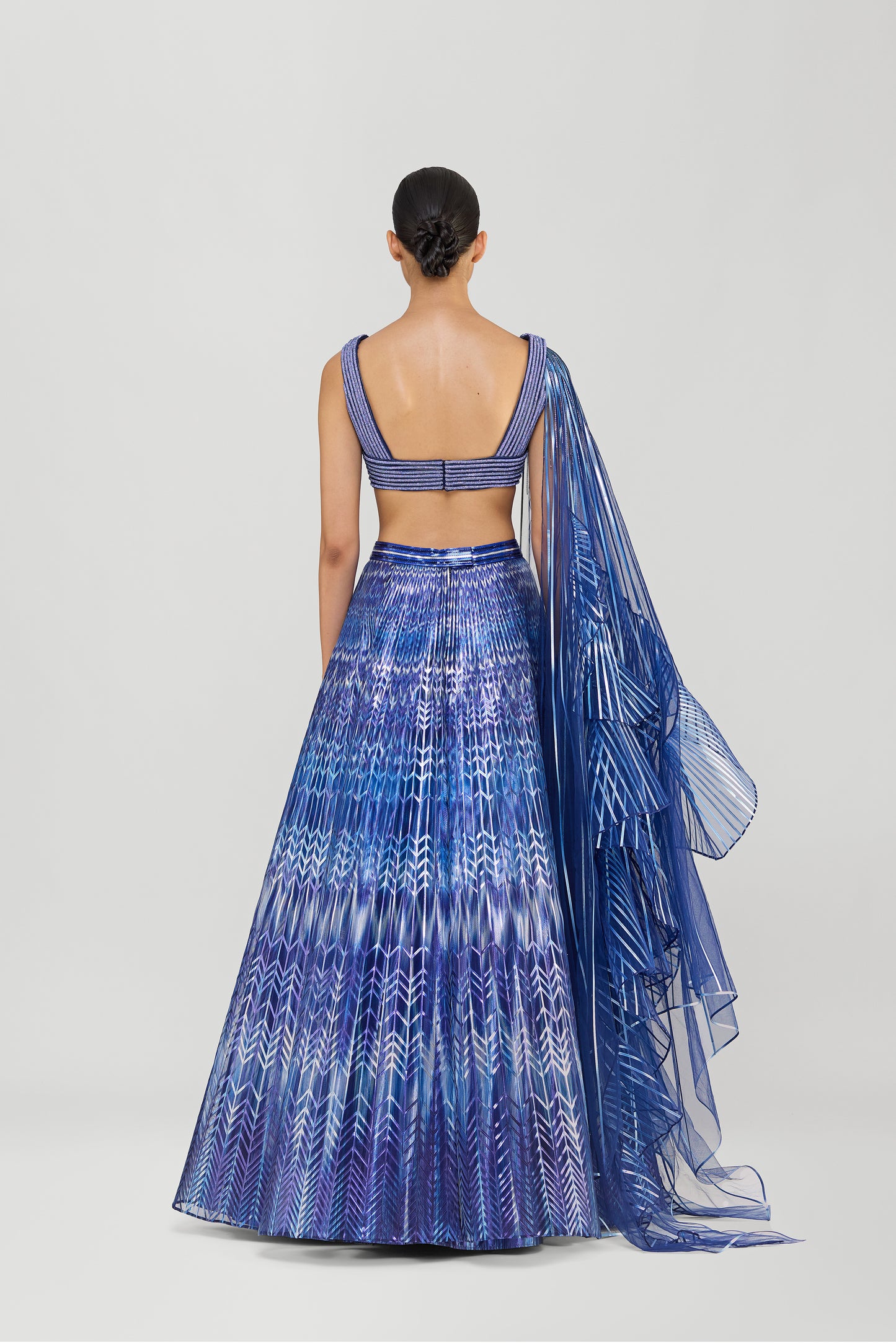 Metallic Fluted Tulle Printed Skirt With Ruffle Drape And Structured Crystalvein Top
