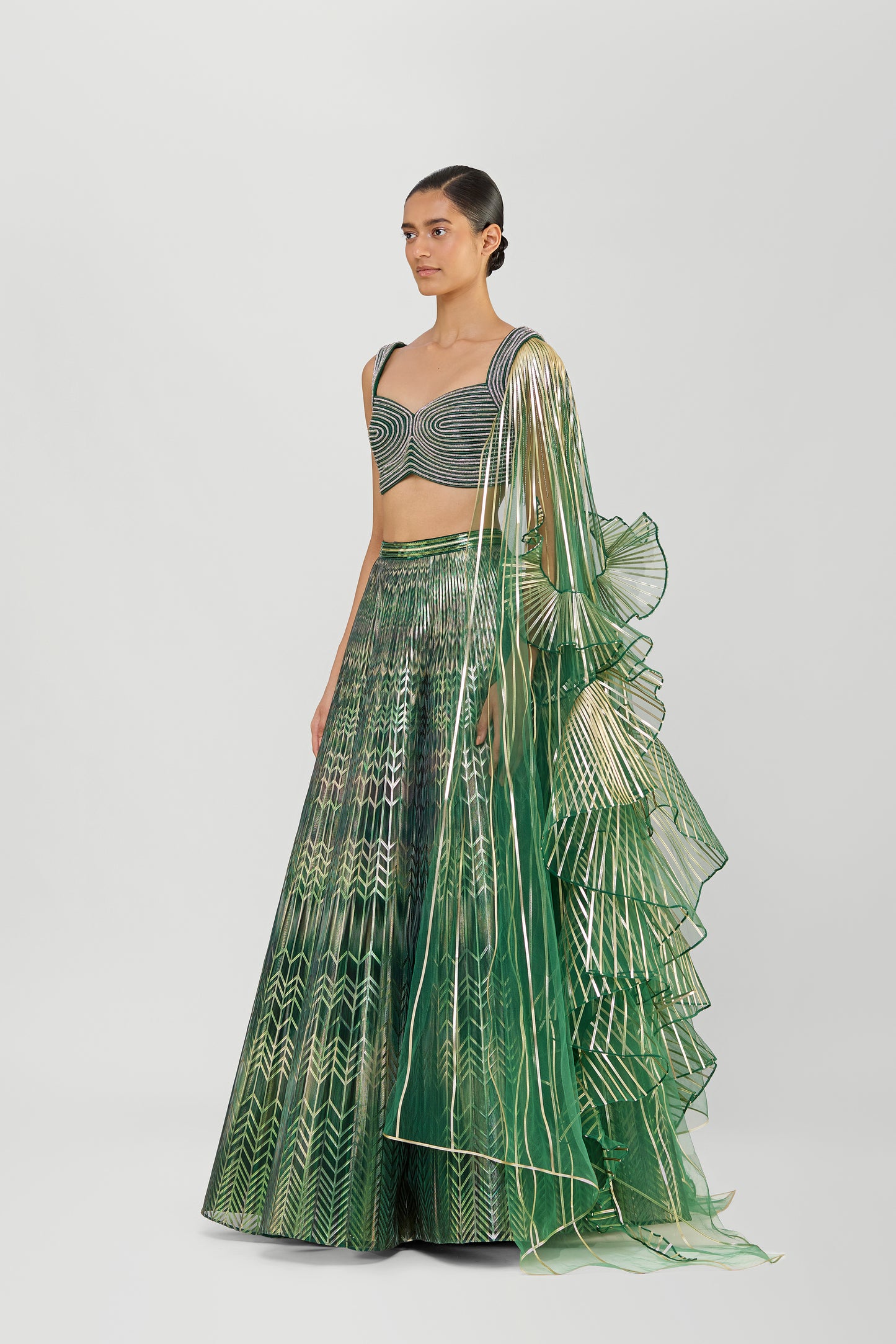 Metallic Fluted Tulle Printed Skirt With Ruffle Drape And Structured Crystalvein Top