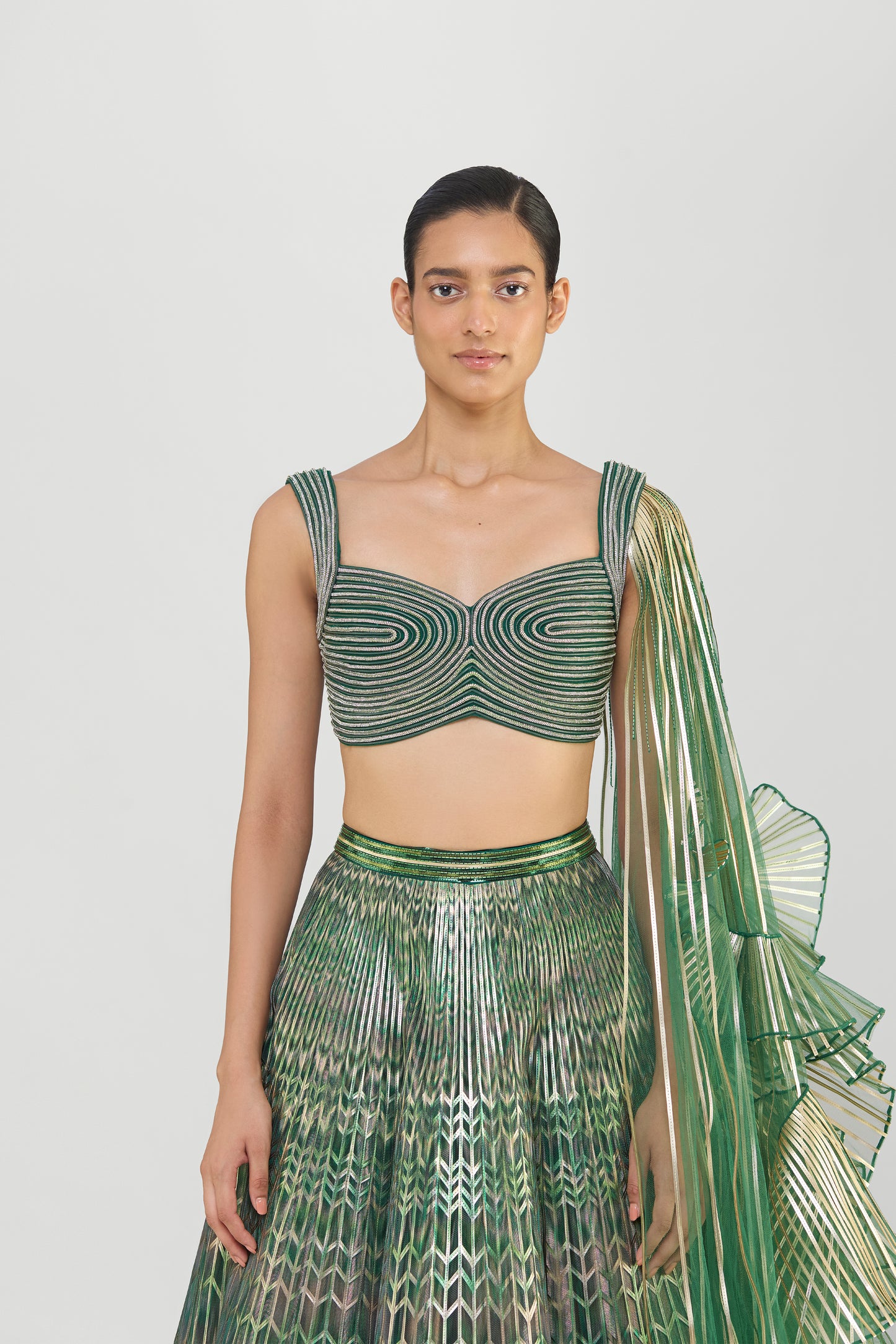 Metallic Fluted Tulle Printed Skirt With Ruffle Drape And Structured Crystalvein Top