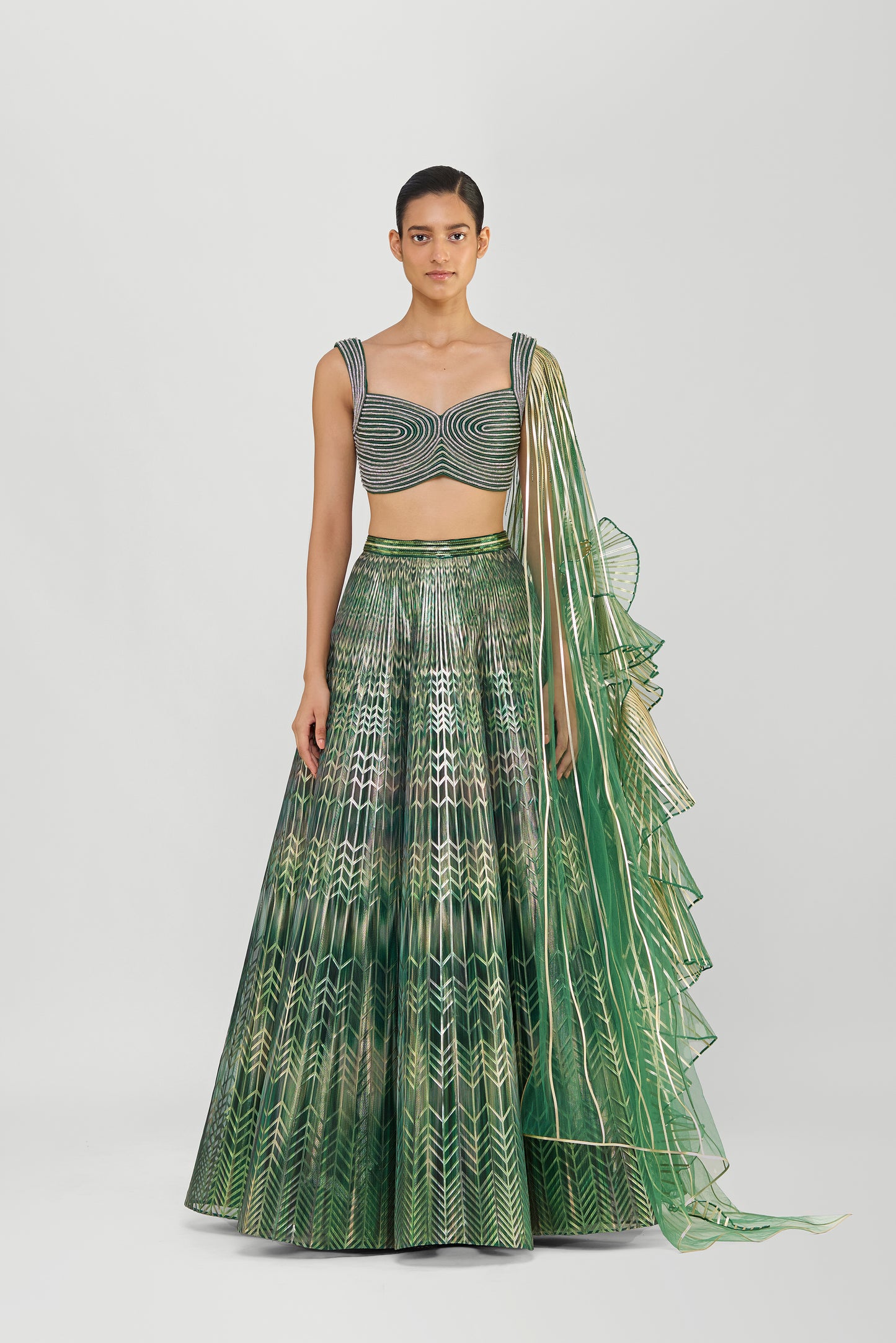Metallic Fluted Tulle Printed Skirt With Ruffle Drape And Structured Crystalvein Top