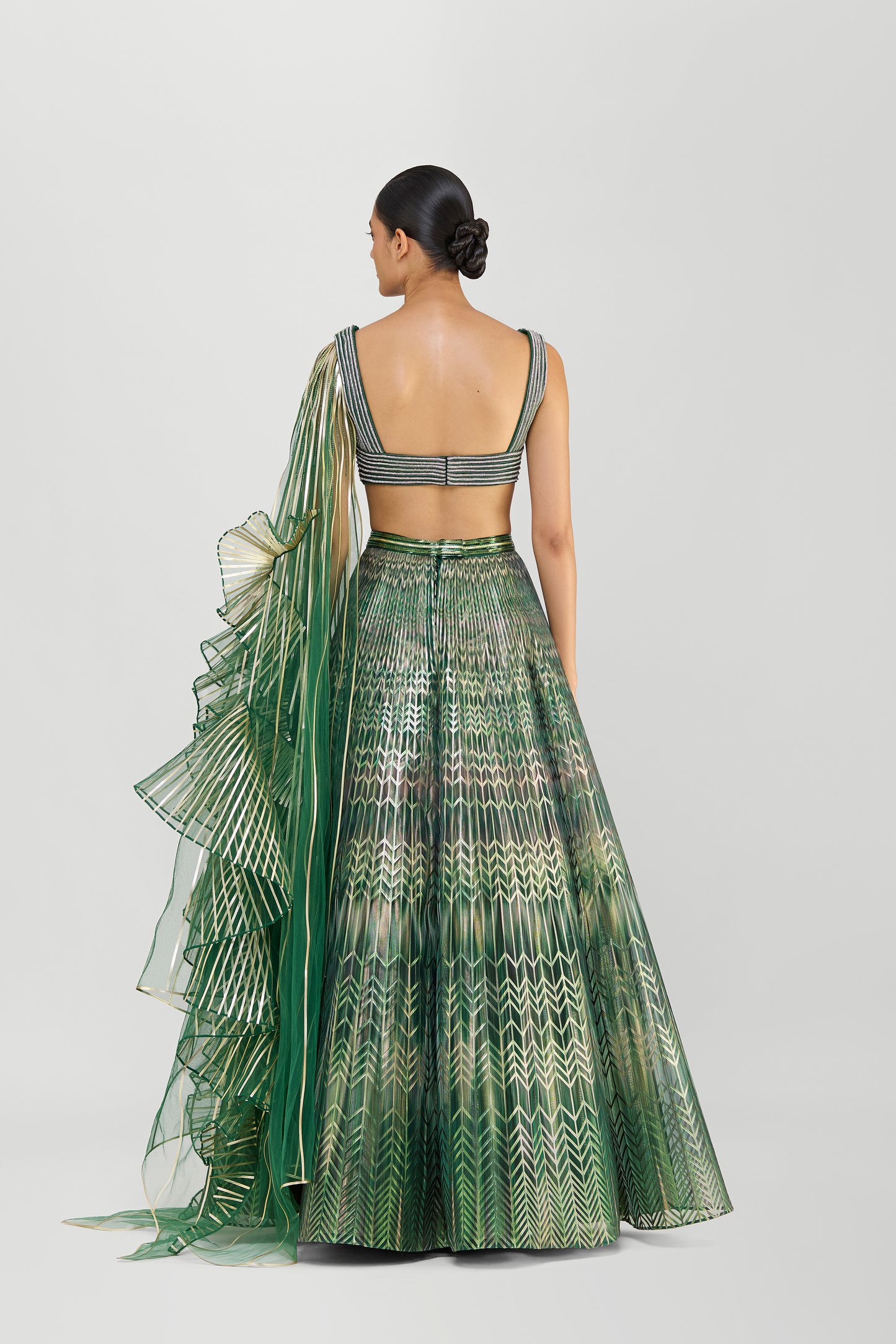Metallic Fluted Tulle Printed Skirt With Ruffle Drape And Structured Crystalvein Top
