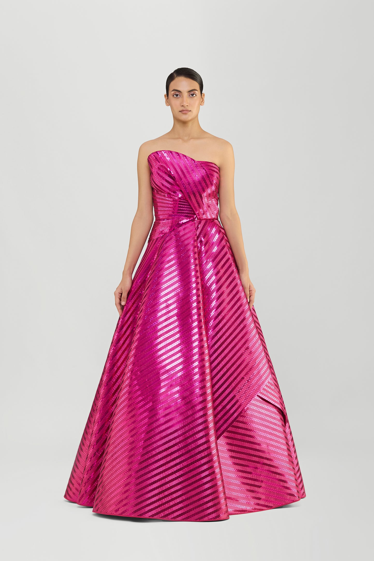 Metallic Woven Fluted Tulle Flared Gown