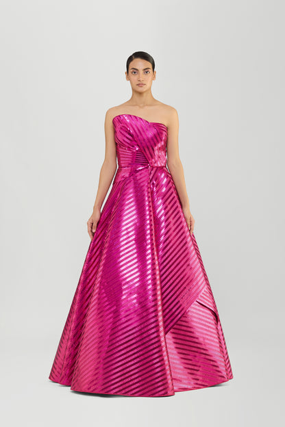 Metallic Woven Fluted Tulle Flared Gown