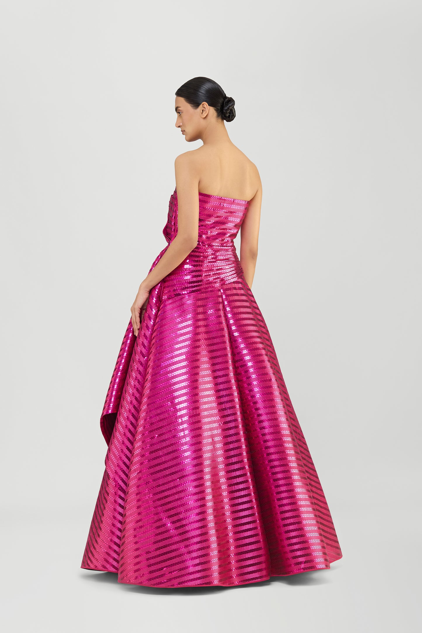 Metallic Woven Fluted Tulle Flared Gown