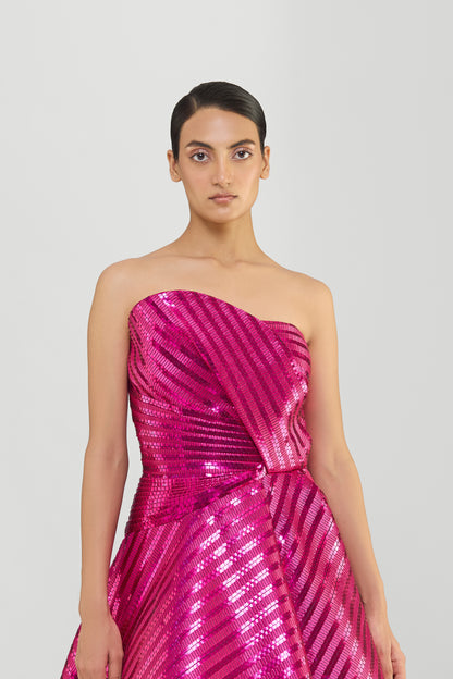 Metallic Woven Fluted Tulle Flared Gown