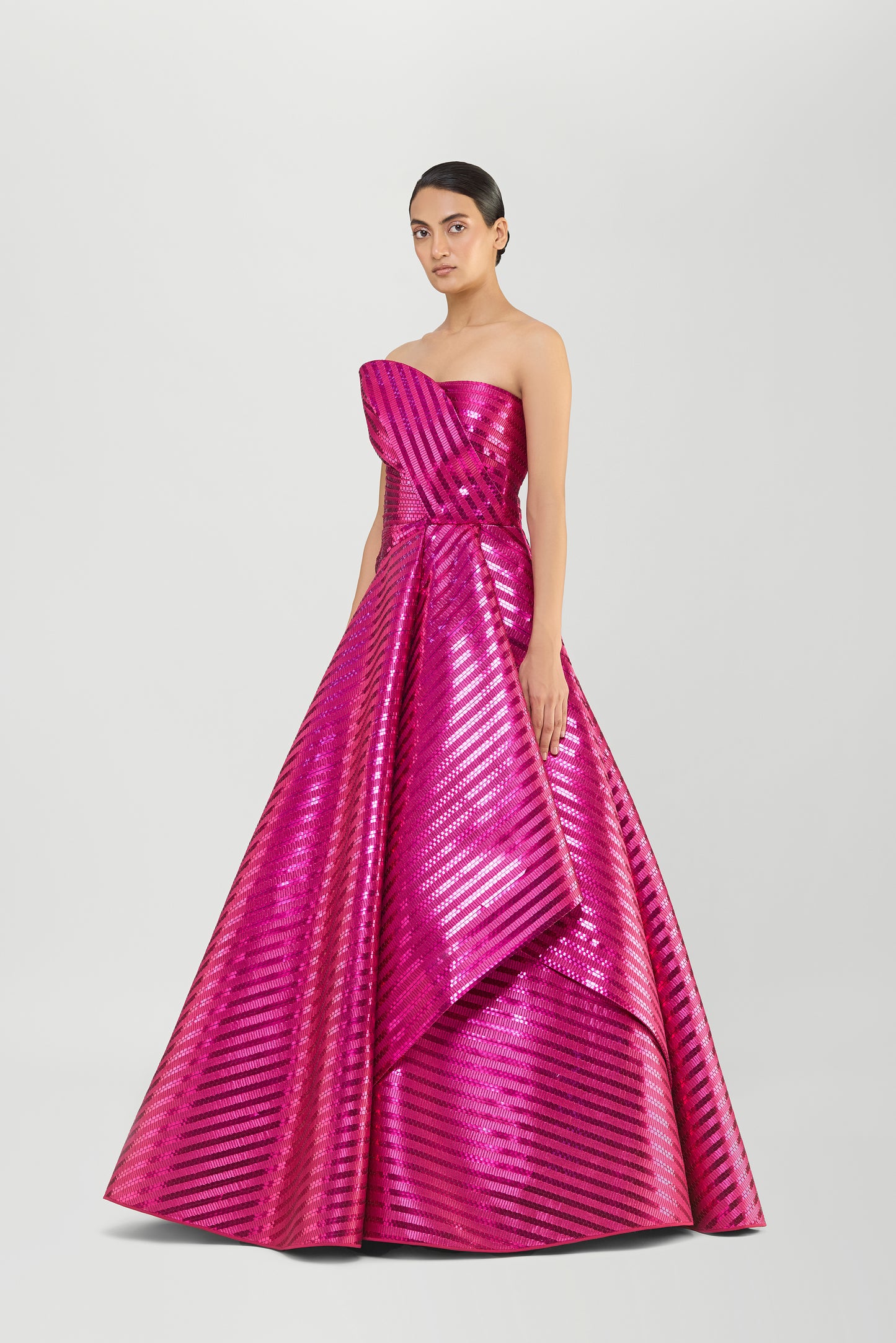 Metallic Woven Fluted Tulle Flared Gown