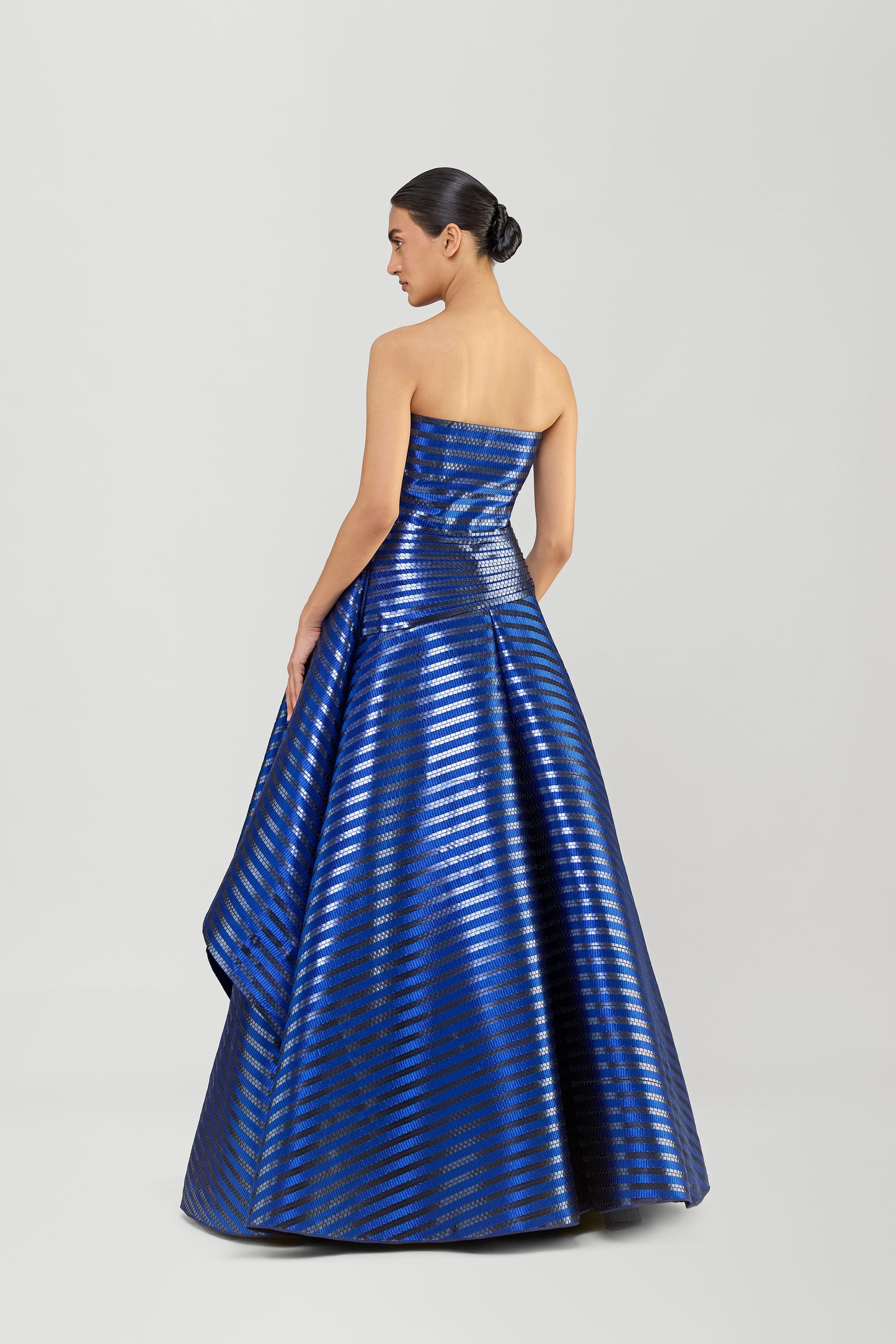 Metallic Woven Fluted Tulle Flared Gown