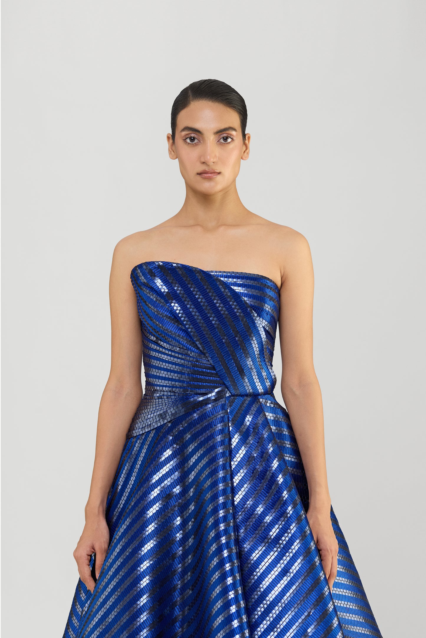 Metallic Woven Fluted Tulle Flared Gown