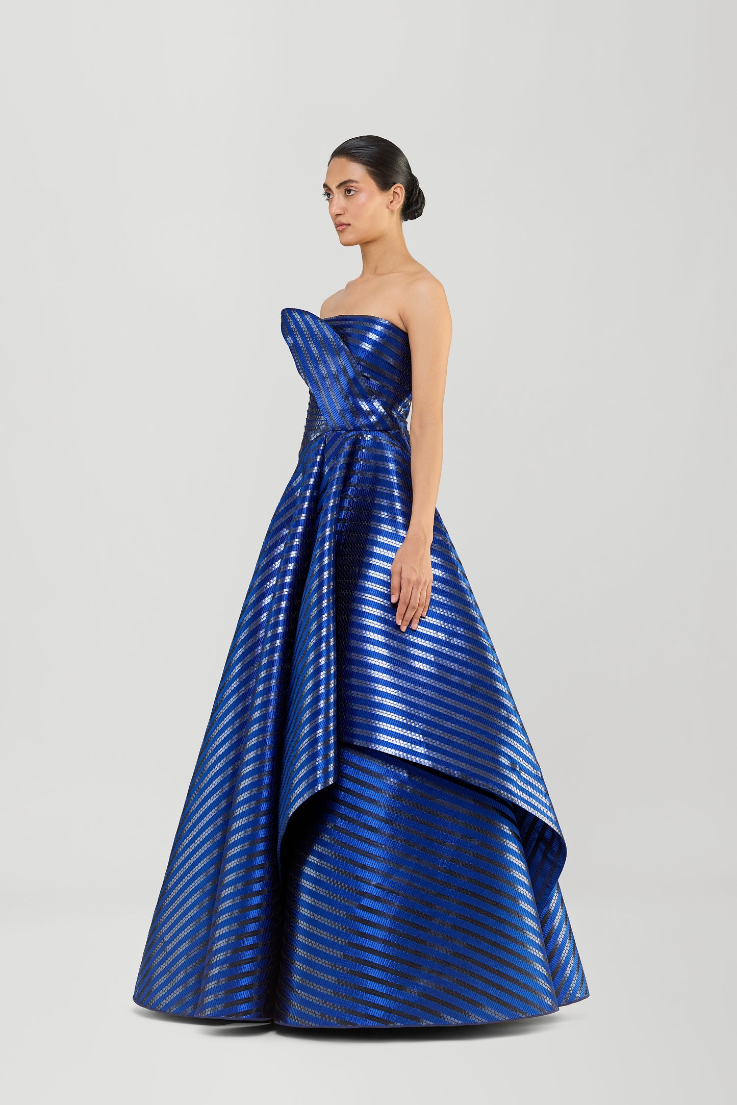 Metallic Woven Fluted Tulle Flared Gown