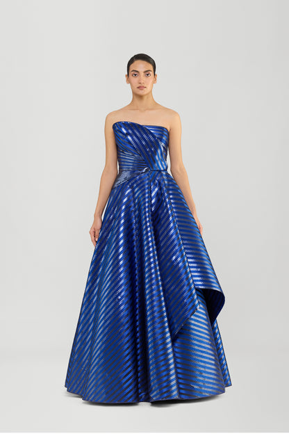 Metallic Woven Fluted Tulle Flared Gown