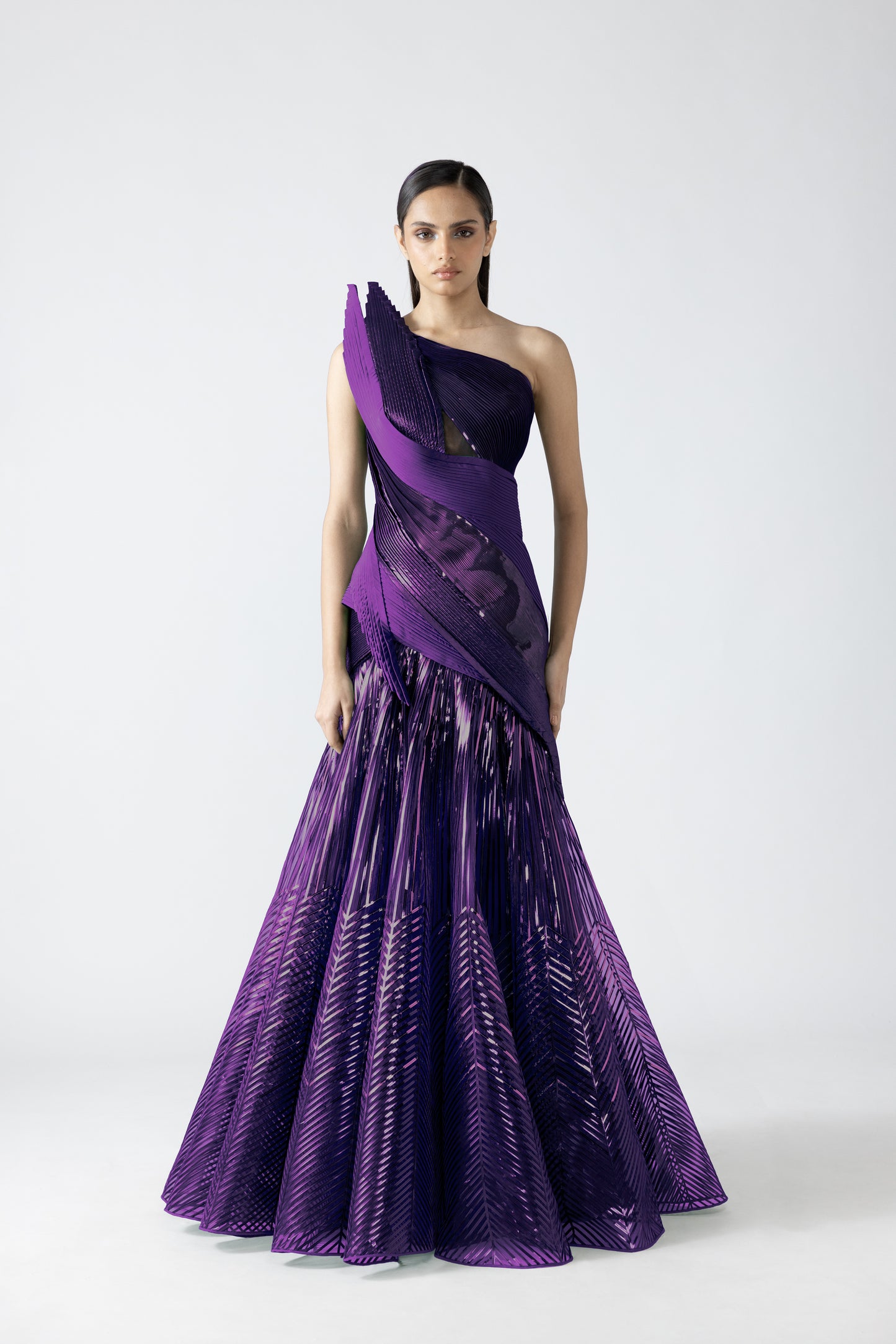 Structured Strata Micro Pleated Flared Gown