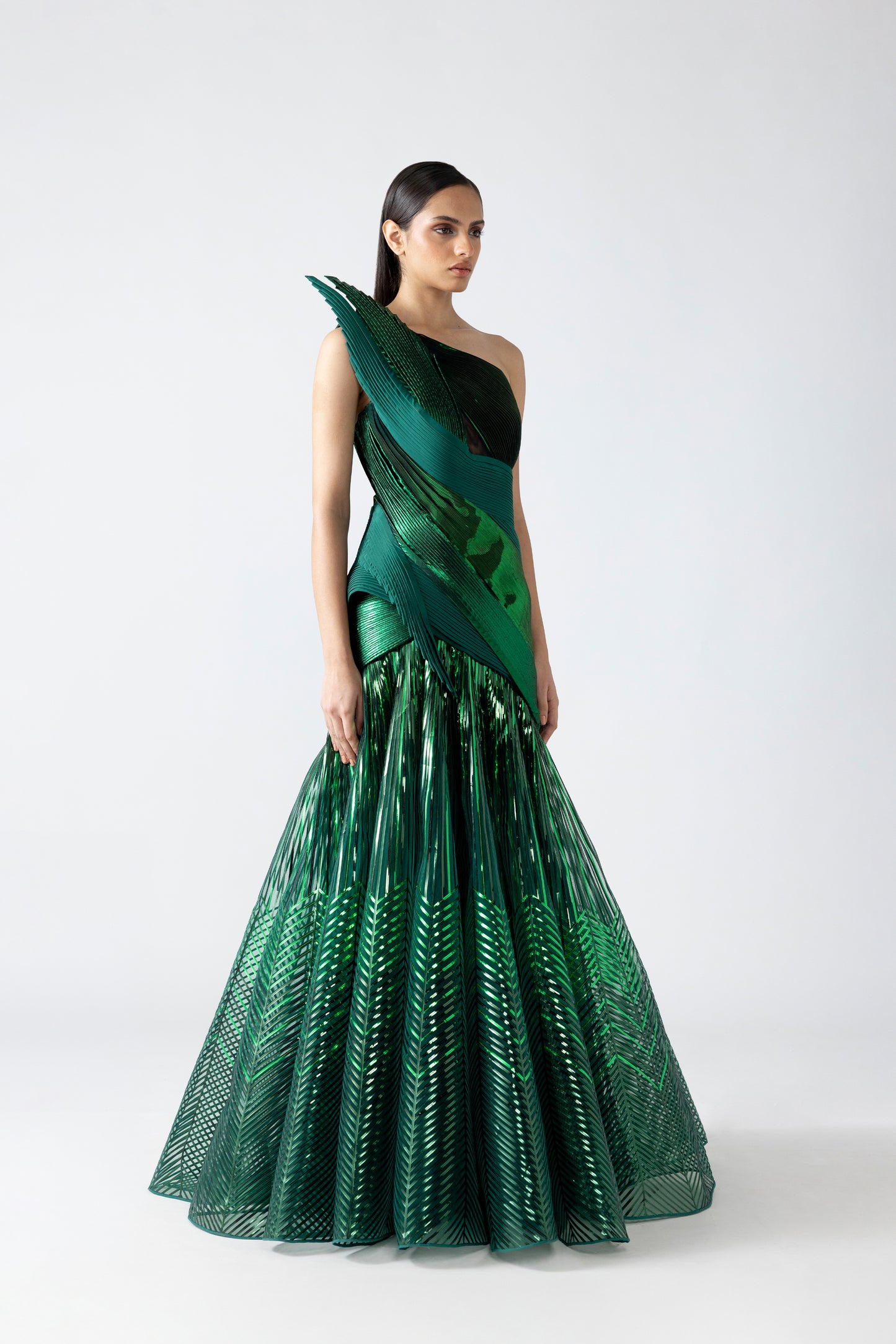Structured Strata Micro Pleated Flared Gown