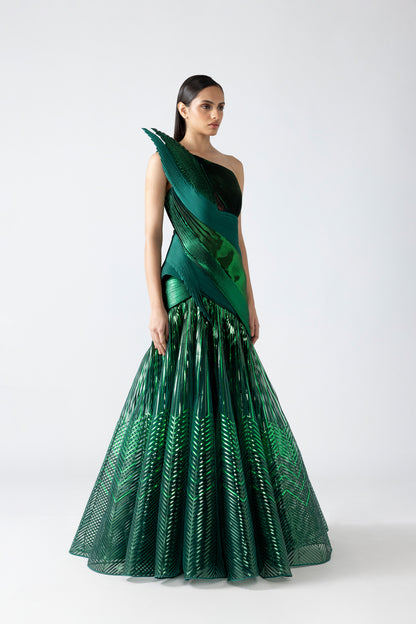 Structured Strata Micro Pleated Flared Gown