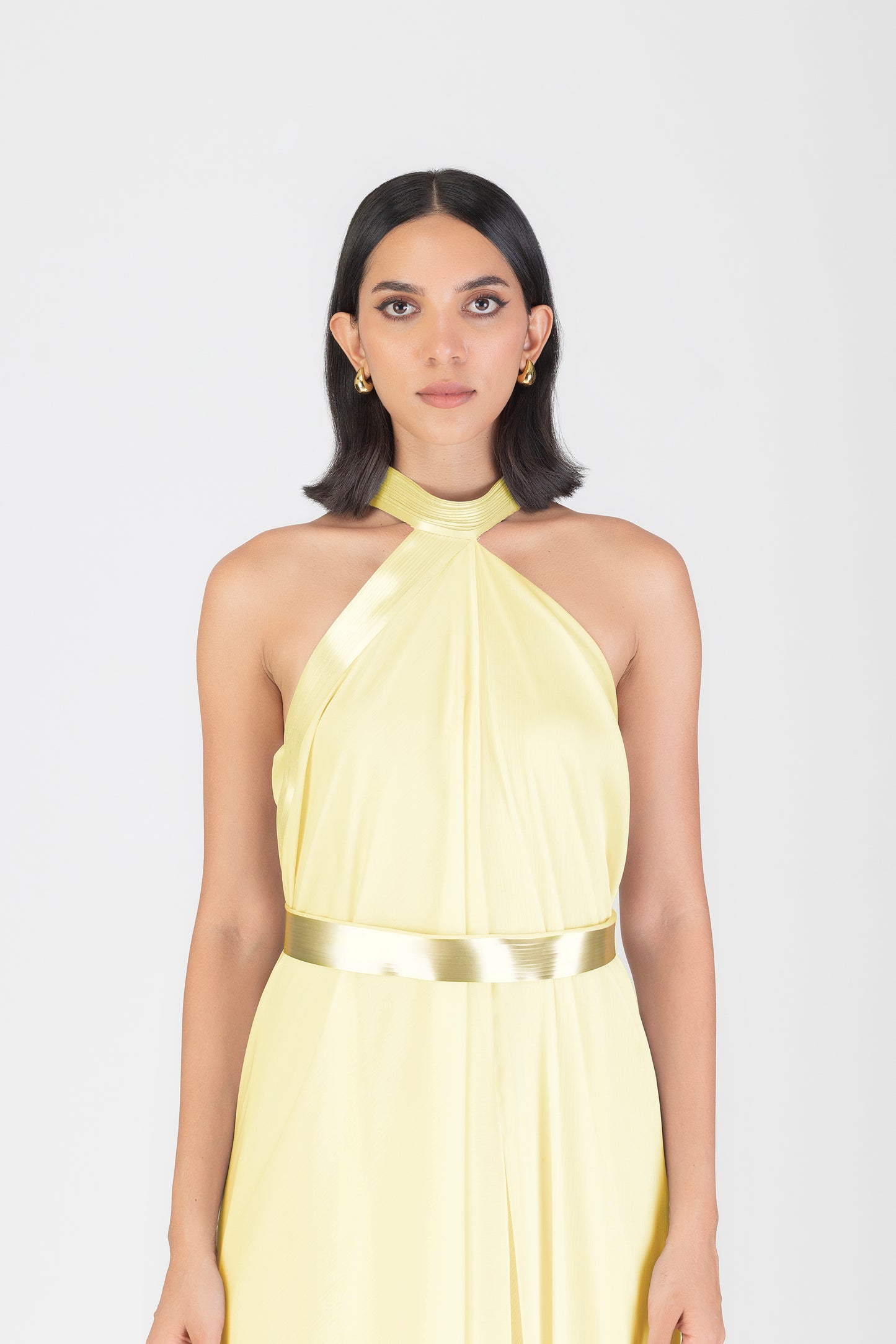 Metallic Halter Fluid Dress