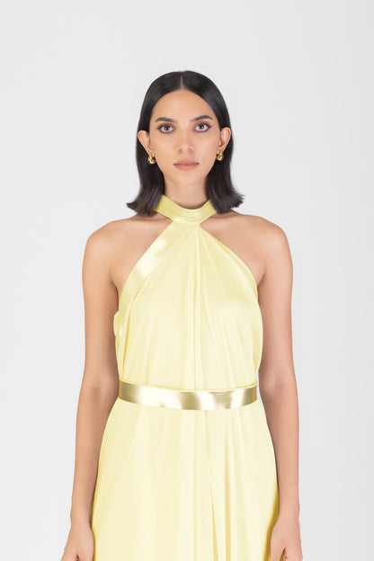 Metallic Halter Fluid Dress