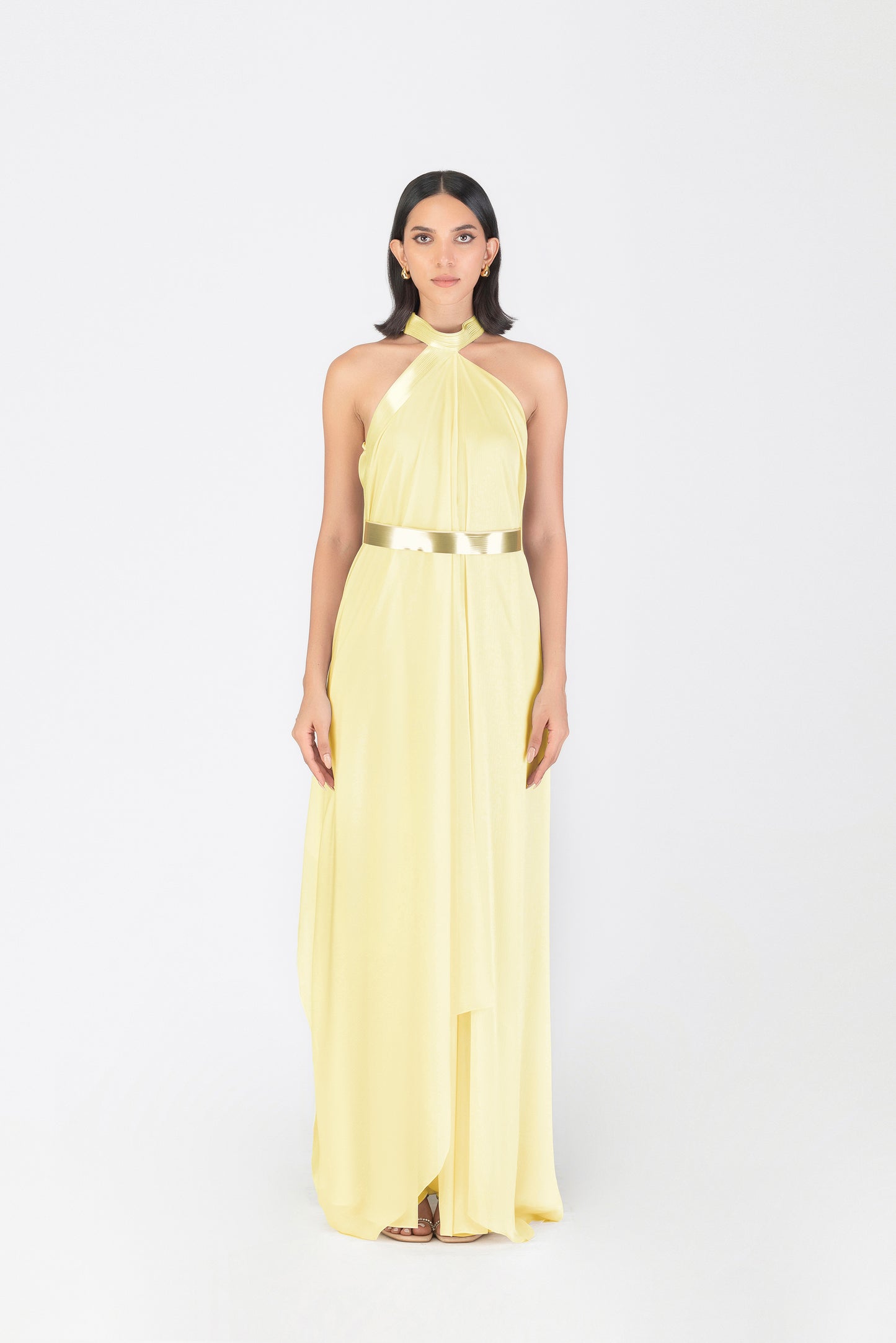 Metallic Halter Fluid Dress