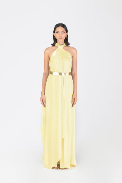 Metallic Halter Fluid Dress