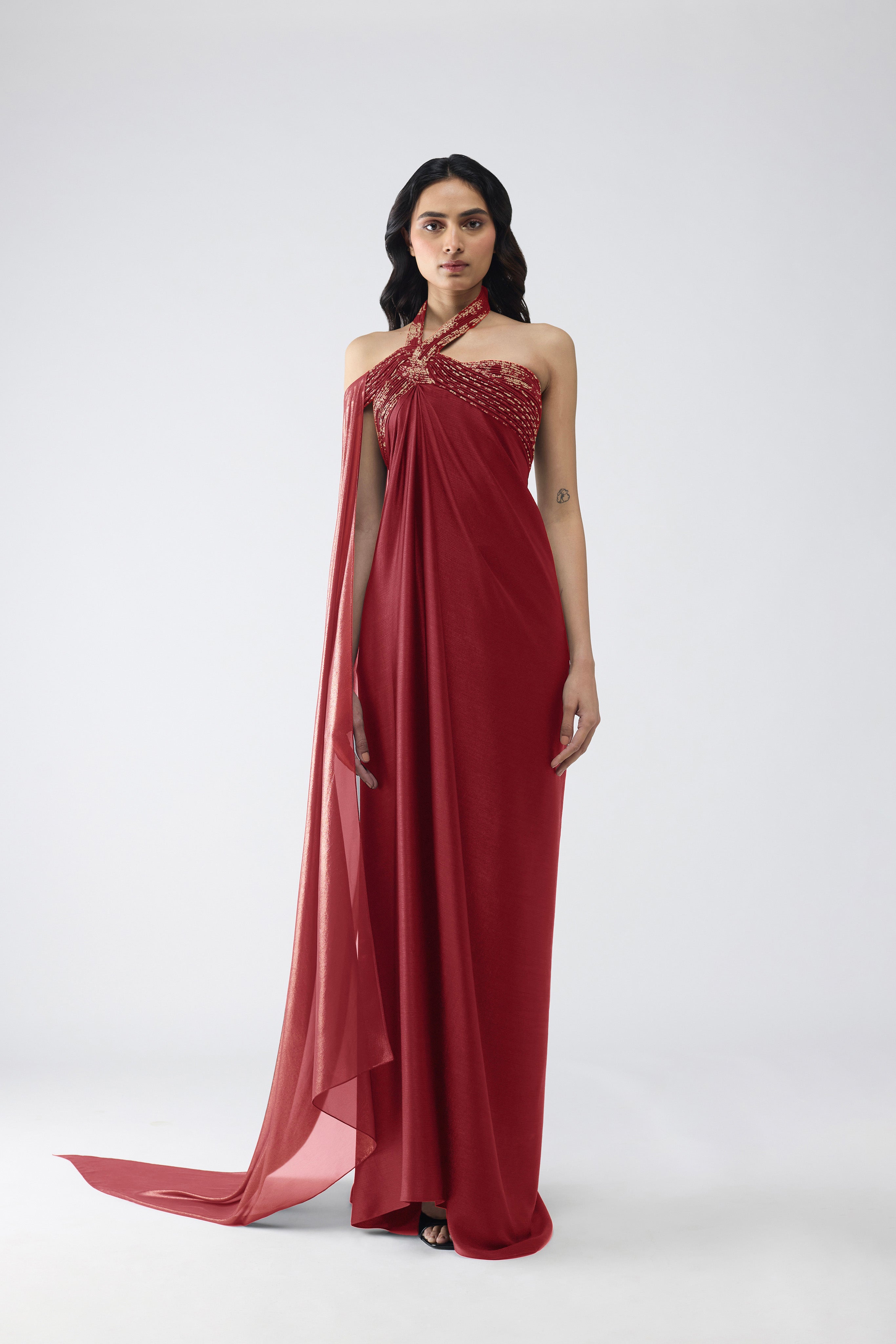 Banarsi Halter Dress With Sleeve Drape