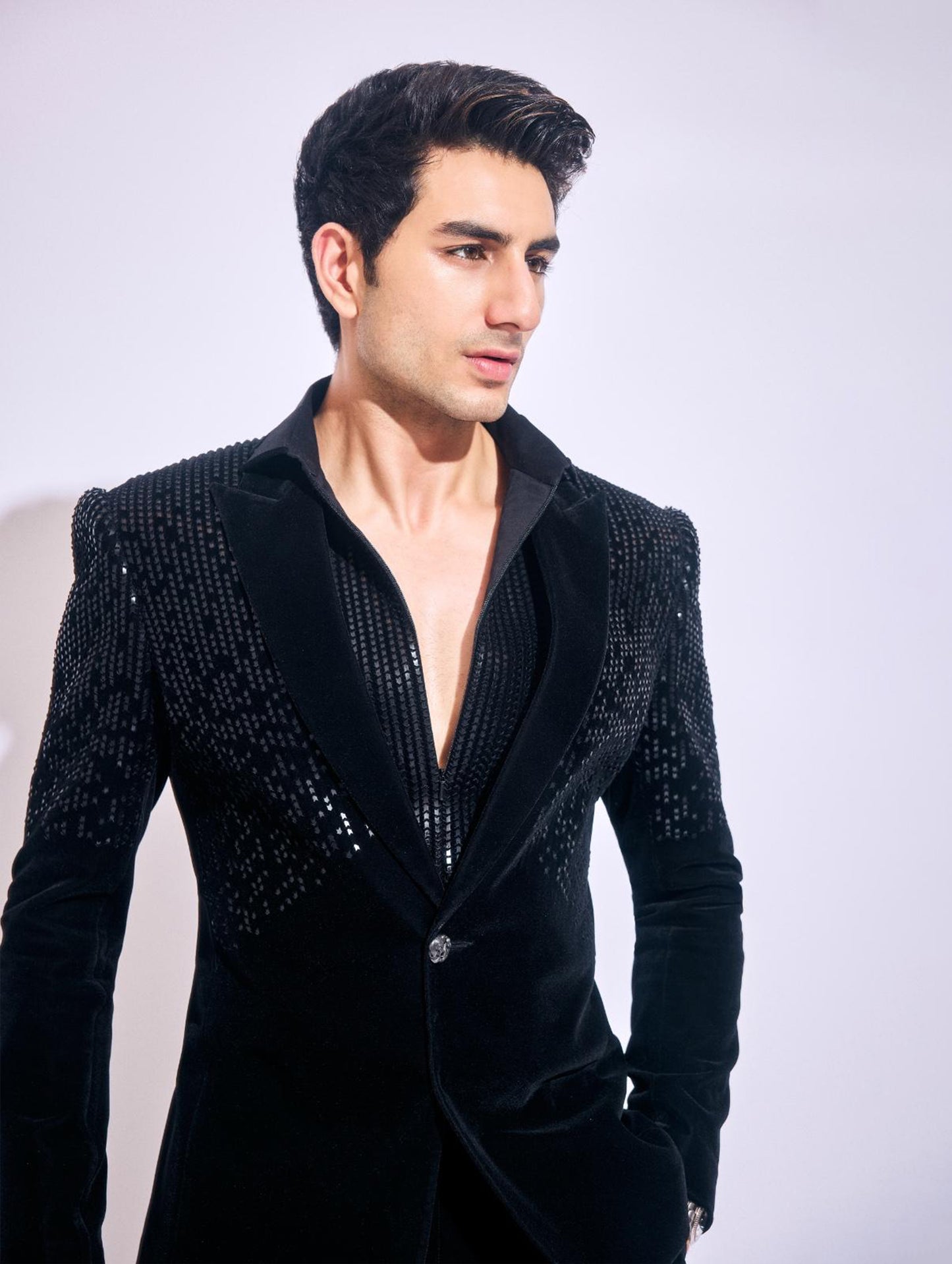 Ibrahim Ali Khan in Hand woven pixel Tuxedo