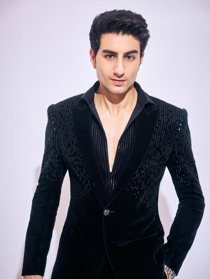 Ibrahim Ali Khan in Hand woven pixel Tuxedo