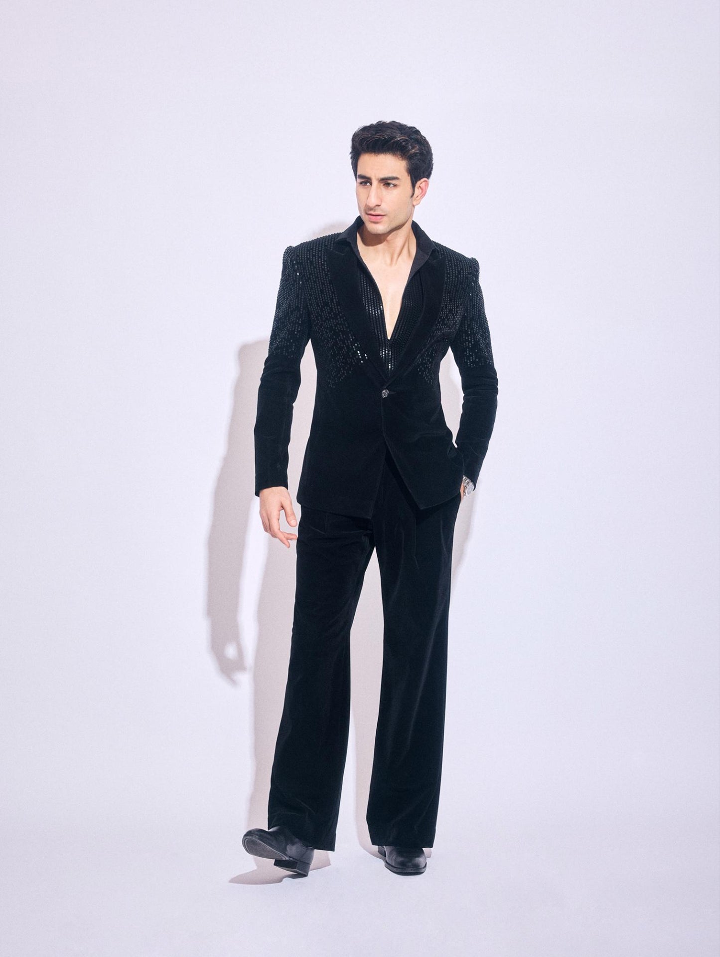 Ibrahim Ali Khan in Hand woven pixel Tuxedo