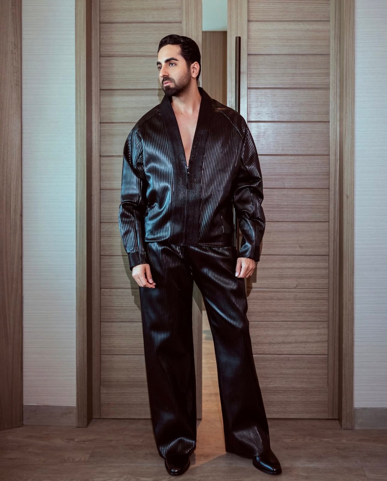 Ribbed Leatherite Corded Jacket And Pants