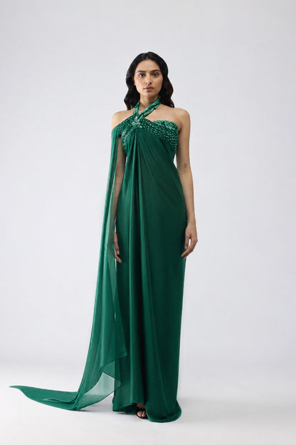 Banarsi Halter Dress With Sleeve Drape