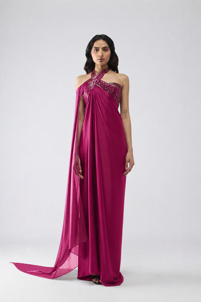 Banarsi Halter Dress With Sleeve Drape