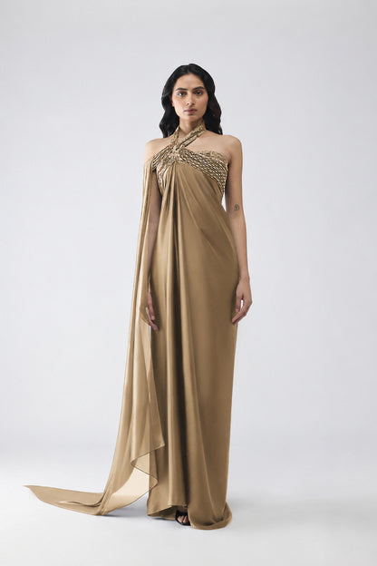 Banarsi Halter Dress With Sleeve Drape