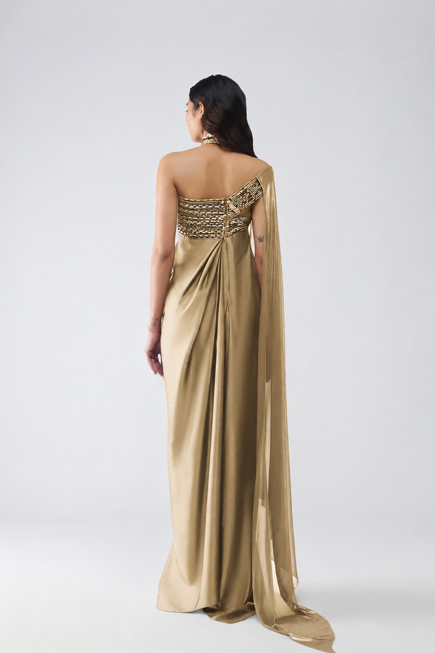 Banarsi Halter Dress With Sleeve Drape
