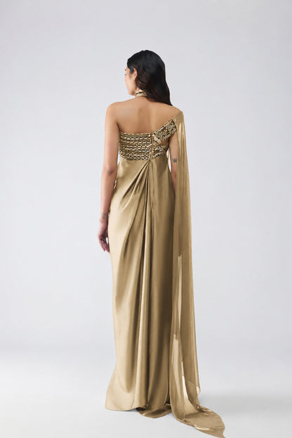 Banarsi Halter Dress With Sleeve Drape