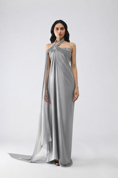 Banarsi Halter Dress With Sleeve Drape