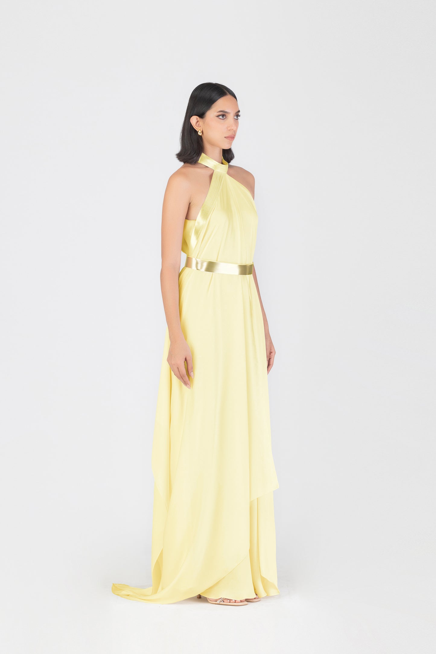 Metallic Halter Fluid Dress