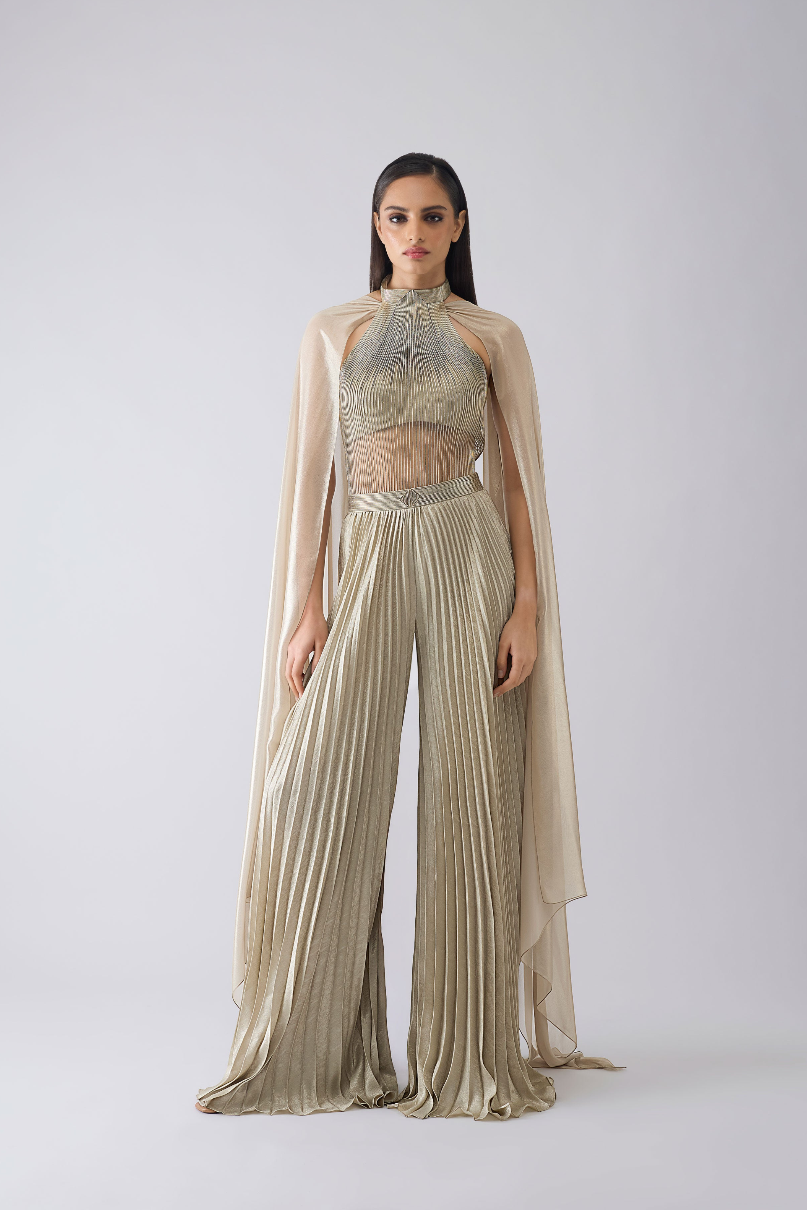 Corded Bodysuit With Pants And Drape