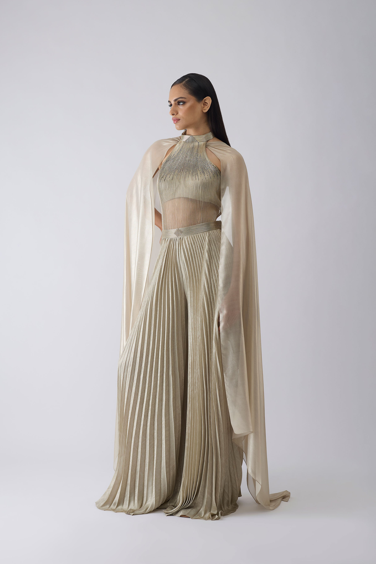 Corded Bodysuit With Pants And Drape