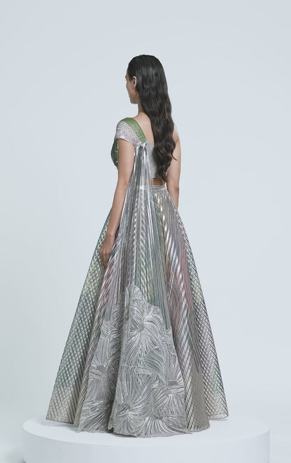 Structured Lamina Scale Top And Fluted Tulle Printed Skirt