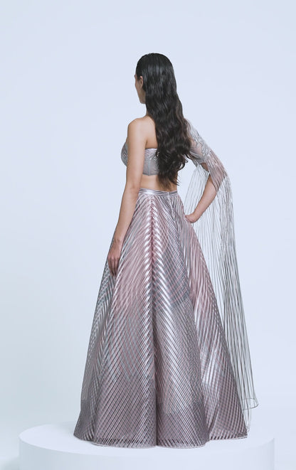 Metallic Fluted Tulle Printed Skirt And Beaded Top