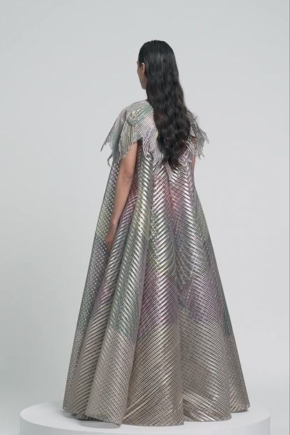 Metallic Fluted Tulle Printed Cape And Skirt Set