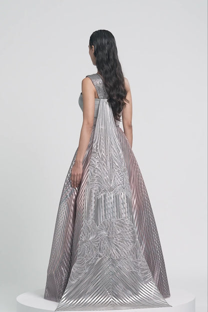 Metallic Fluted Tulle Printed Skirt And Top With Two Drapes