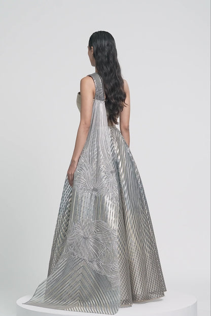 Metallic Fluted Tulle Printed Skirt And Top With Two Drapes